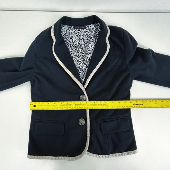 Leopard Print Lined Cropped Navy Blazer‎ XS/S Contrast Trim Tailored Jacket - Picture 11 of 14